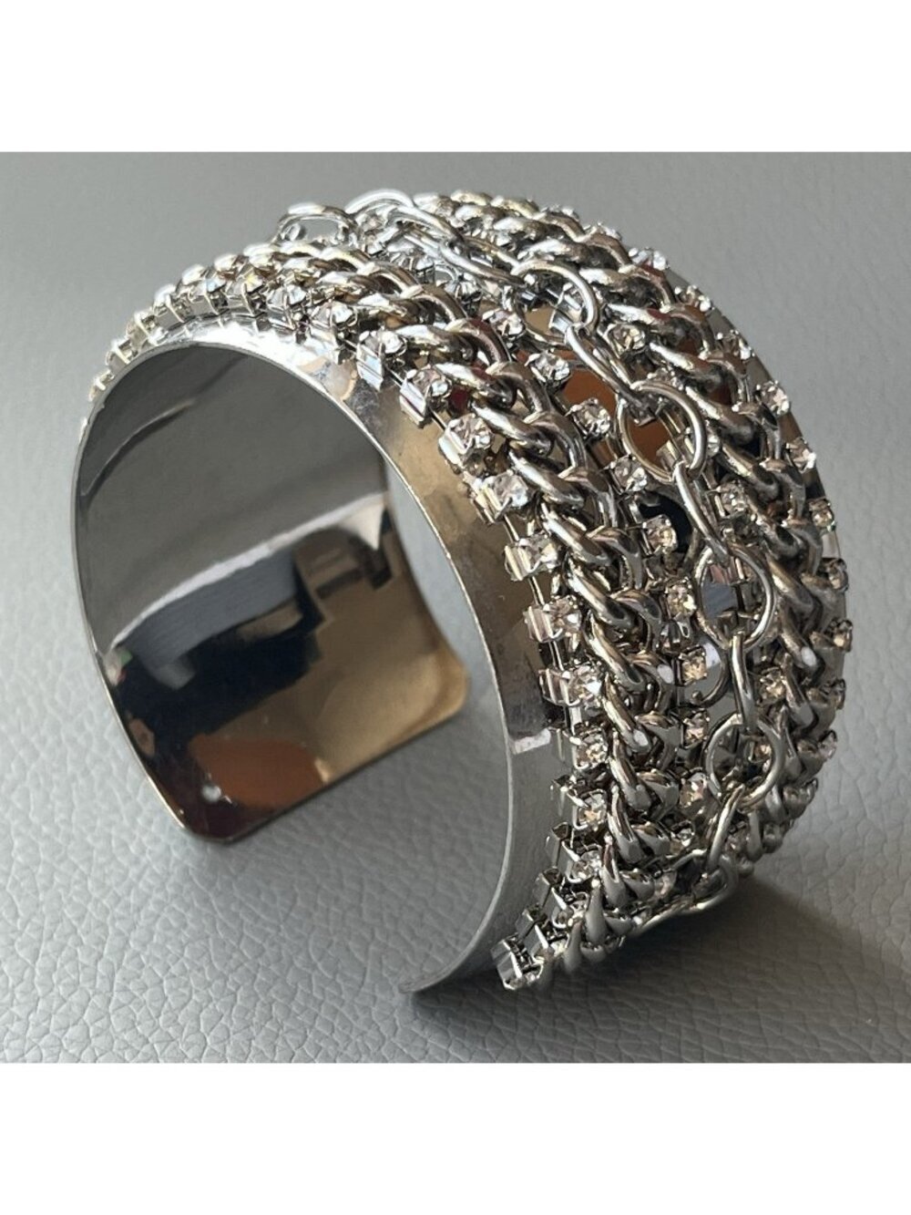 Silver Tone Multi Chain Rhinestone Cuff Bracelet Wide Statement Sparkly Glam